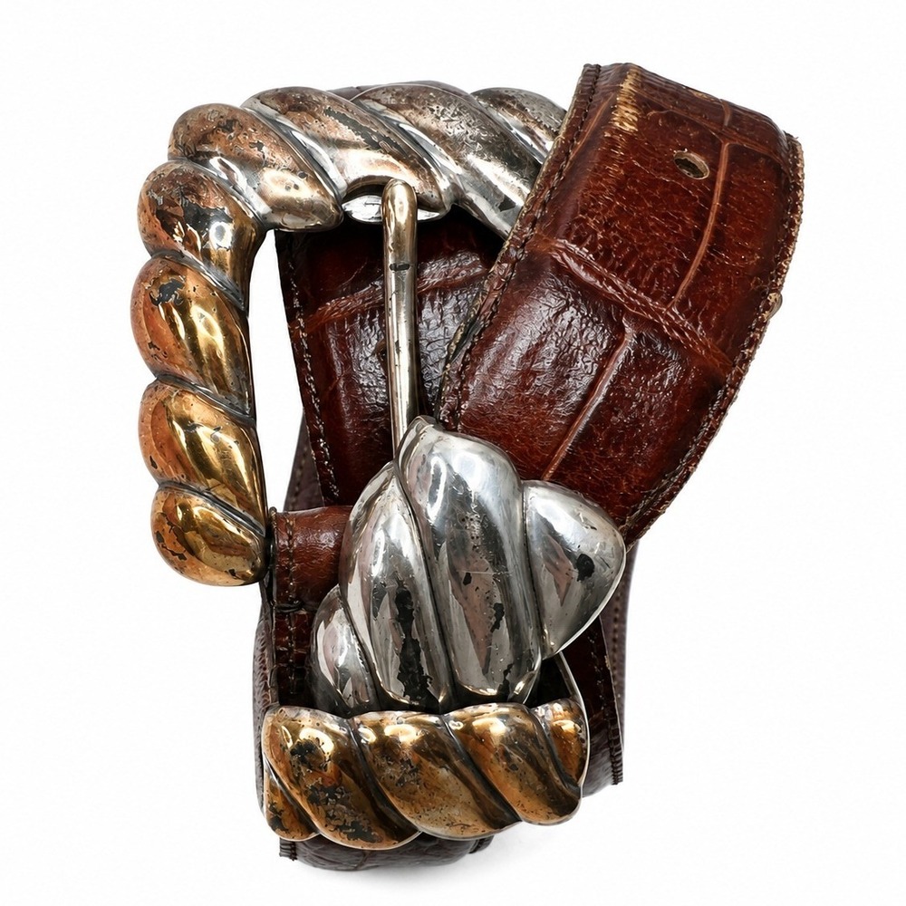 Vintage 90s S Belt Italian Calfskin Brown Croc Embossed Mixed Metal Twisted Rope